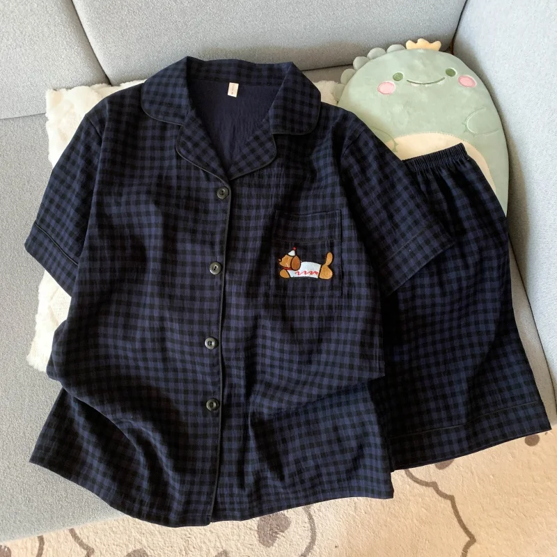 Bordado cão doce moda bonito pijamas conjunto para mulheres xadrez lapela pescoço cintura elástica design pijamas curto novo casual pijamas