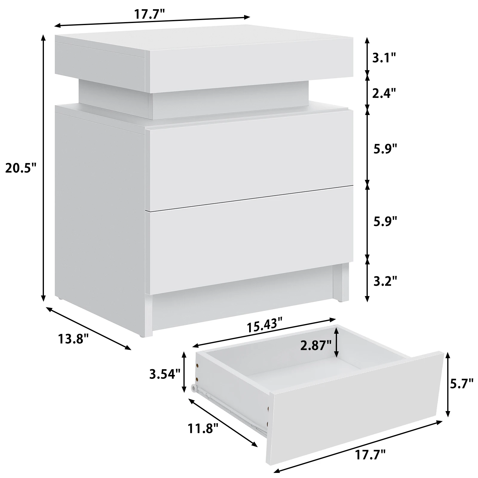 Nightstand RGB LED Light Bedside Table Cabinet with 2 Drawer Bedroom High Gloss