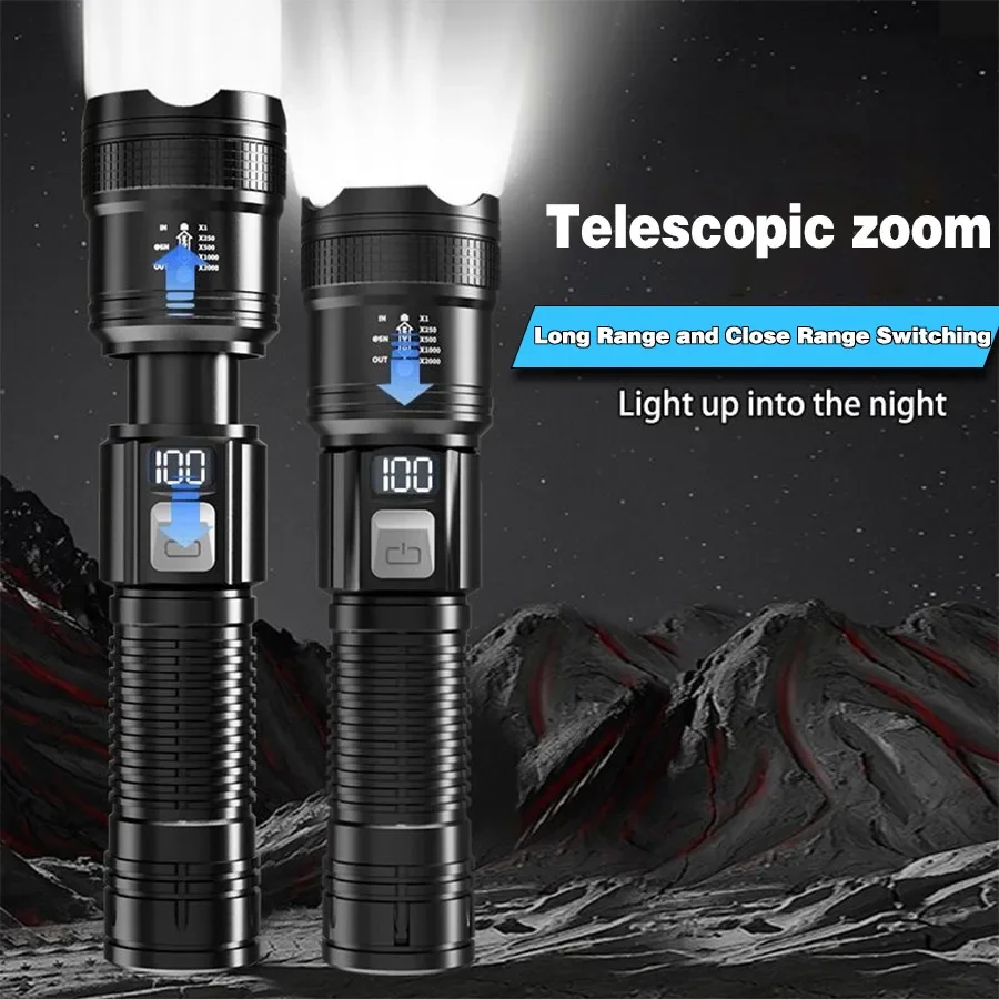 Linternas LED recargables portátiles, linterna táctica militar de alta potencia, linterna con Zoom telescópico, lámpara para acampar al aire libre y pescar