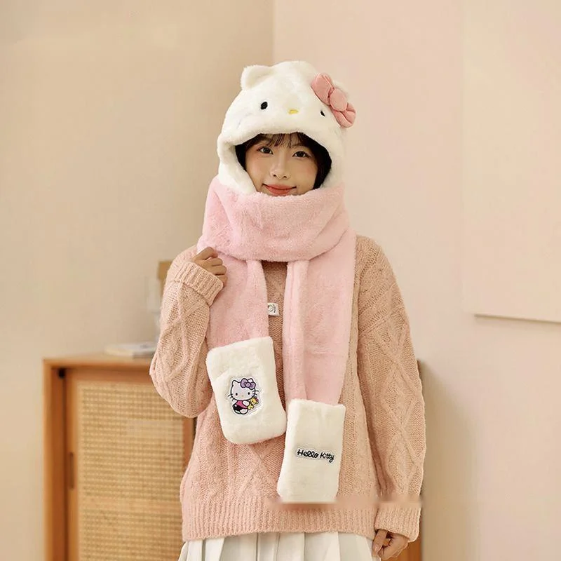 Sanrio Hello Kitty Mütze, Schal, Handschuhe, einteilige Mütze, Damen, Winter, niedlicher Cartoon, warm, 3-teiliges Set, Y2k, süßes Mädchen, Plüsch-Accessoires