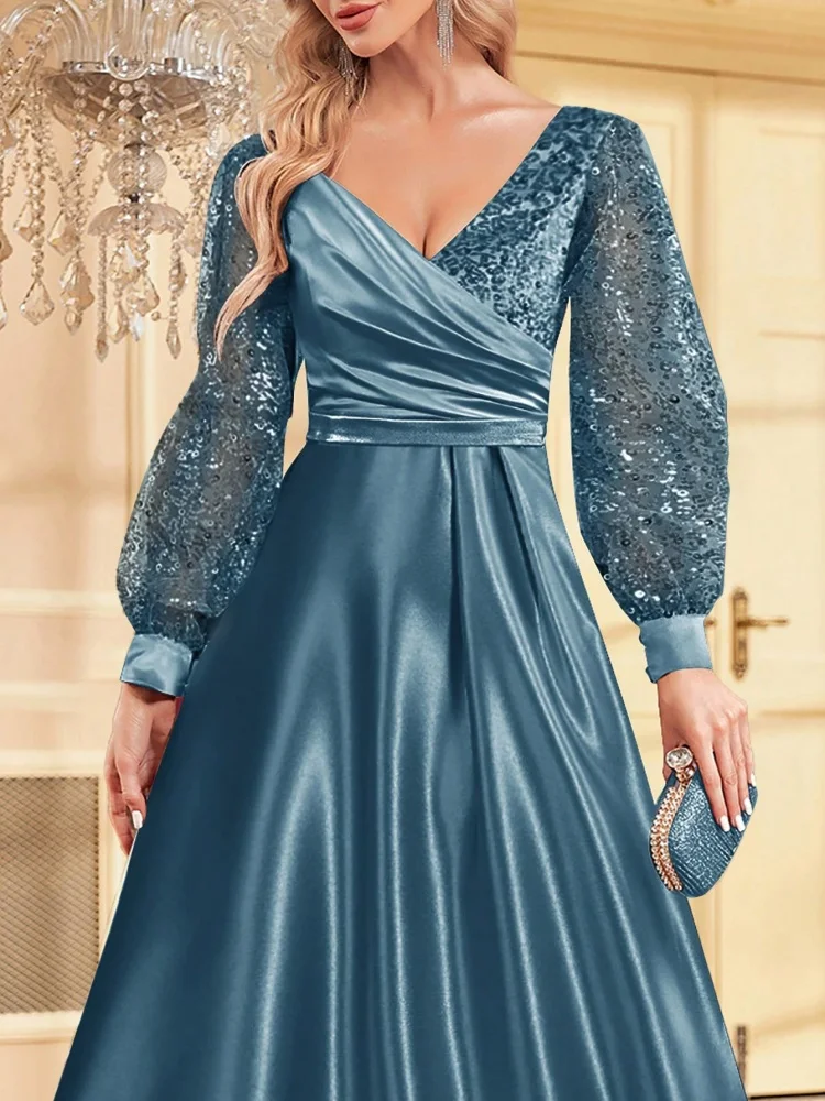 Lucyinlove หรูหราสีฟ้า V คอเลื่อมชุดราตรี 2024 Elegant ผู้หญิง Maxi ชุดแขนยาวค็อกเทลชุดชุดราตรี