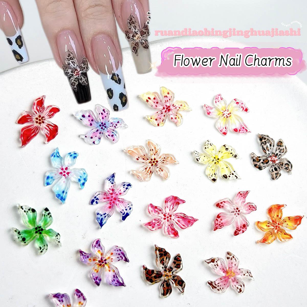 Mixed 3D Resin Gradient Colorful Transparent Lily Nail Art Decoration Bizarre Style Spotted Flower Nail Charms For Manicure DIY
