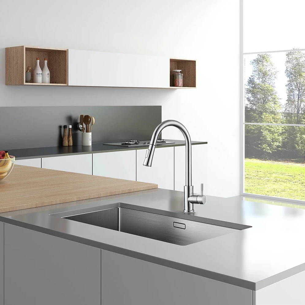 Robinet de cuisine noir Flexible extractible, buse 2 Modes, mitigeur d'eau chaude et froide, pulvérisateur monté sur le pont et robinets à flux SUS 304