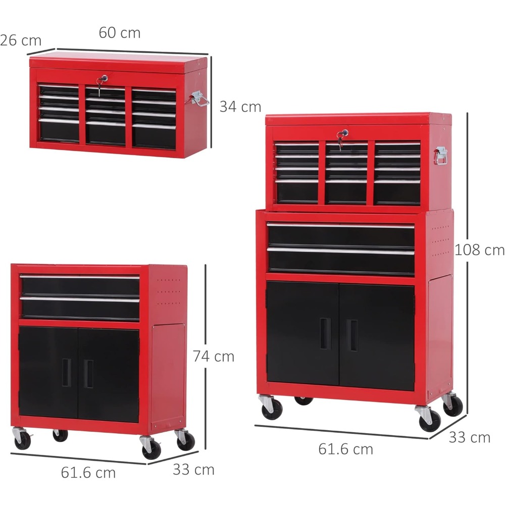 Tool Chest, Metal Tool Cabinet on Wheels with 6 Drawers, Top Chest and Roller Cabinet Combo, 61.6 X 33 X 108cm, Workbenches