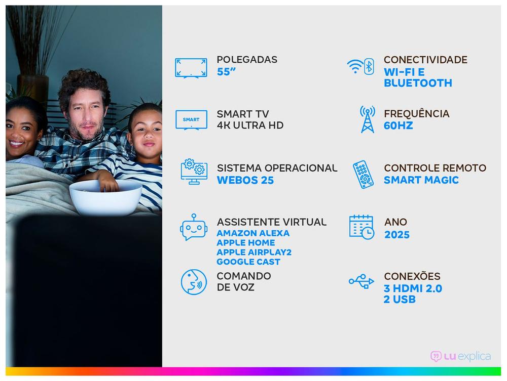 Smart TV 55" LG 4K Ultra HD QNED 55QNED70ASA WebOS 25 α7 AI Processor 4K Gen8 Alexa 3 HDMI 2 USB