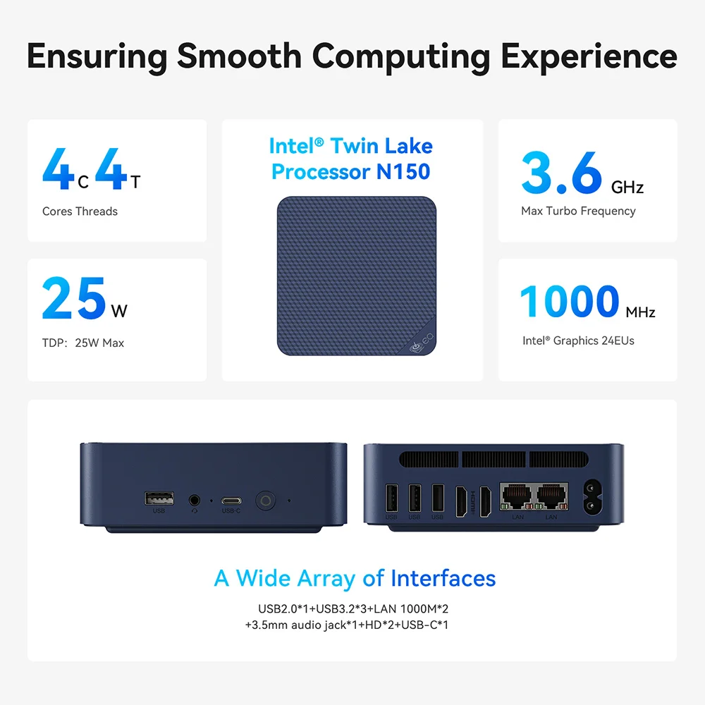 Новый мини-ПК Beelink EQ14 Intel Lake-N150 Max Turbo 3,6 ГГц 16 ГБ DDR4 3200 МГц 500 ГБ NVME SSD Настольный офисный компьютер Mini S12 N100