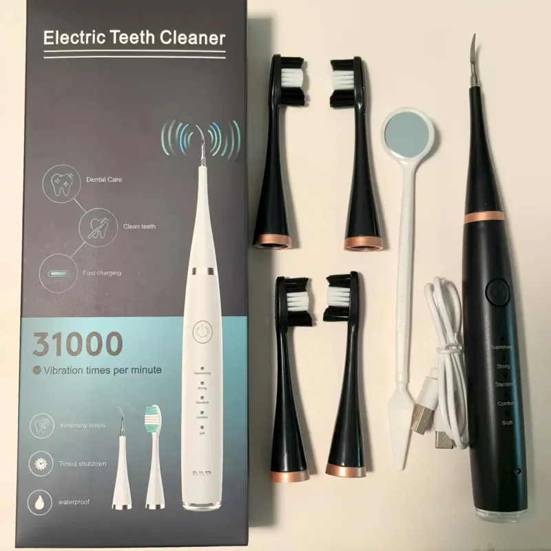 Escova de dentes elétrica e limpador 2 em 1, ajuste de velocidade de engrenagem, remoção de placa dentária, grau à prova d'água IPX6, contendo 4 brus elétrico
