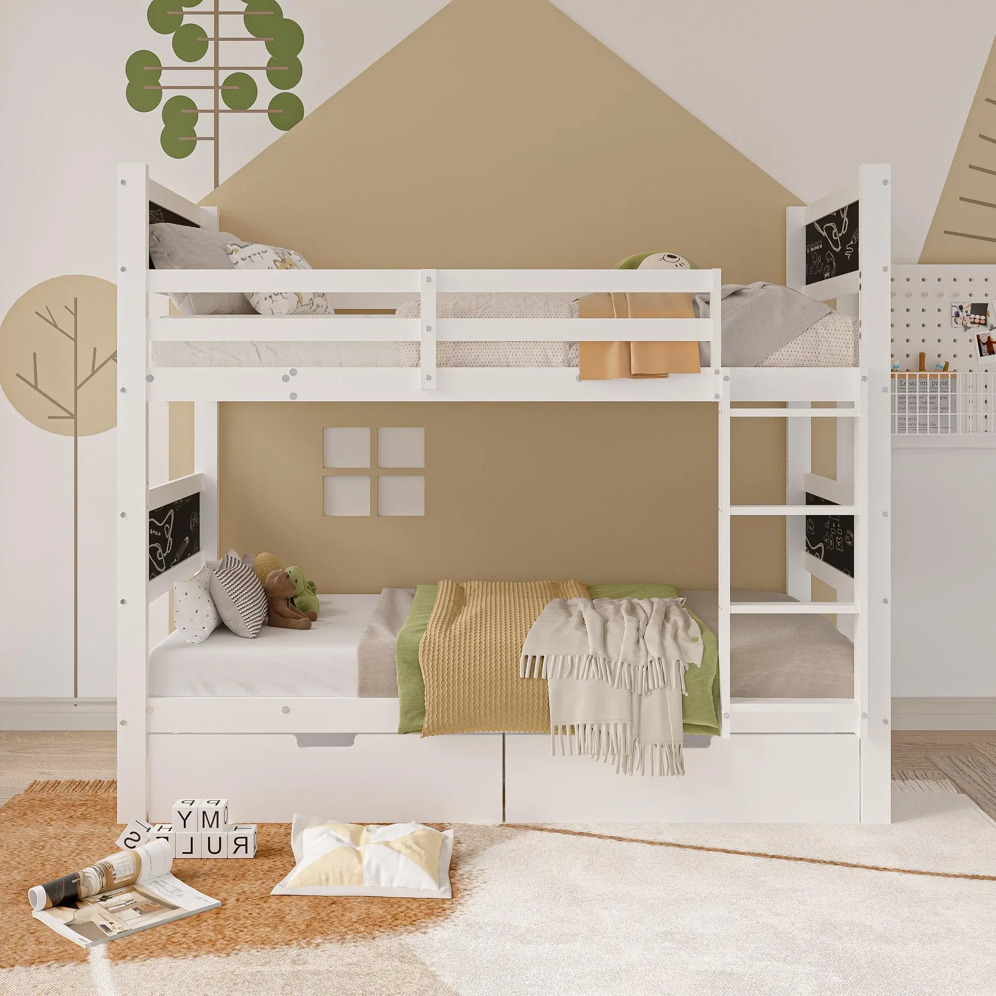 Lazy space 90*200cm Massivholz Kinder bett mit 2 Schubladen, Absturz sicherung Etagen bett, umwandelbar auf zwei 90 x Einzel bett