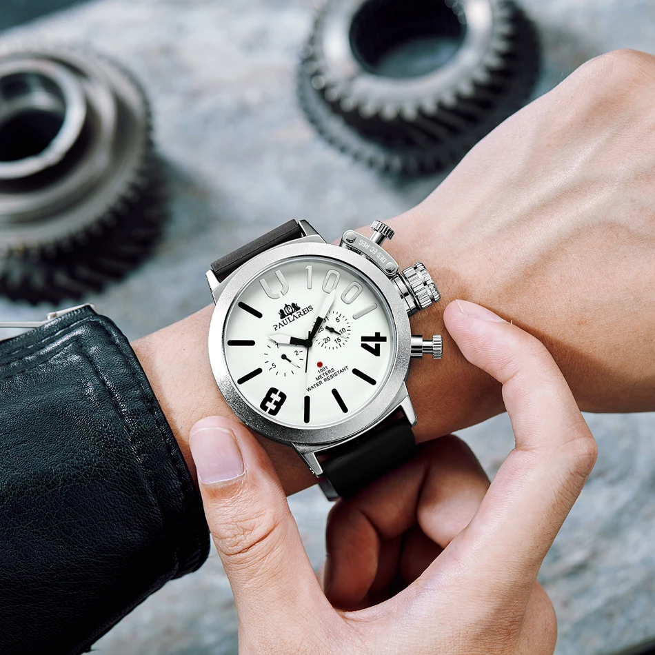 Automatic Self Wind Mechanical สายยางสีดําเงินเรือสีส้มสีฟ้าสีเหลืองสีเทาคลาสสิก U Men Big Face 50 มม.นาฬิกา