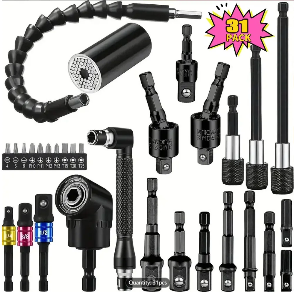 Juego de extensión de broca flexible, adaptador de enchufe giratorio, vástago hexagonal 105 °   Destornillador de taladro en ángulo recto 90 °   Kits de puntas en ángulo
