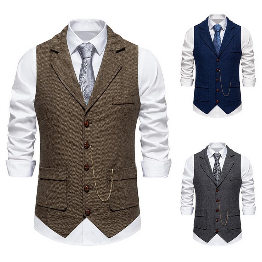 Gilet en Polyester élégant pour hommes, costume d'affaires avec poches 3d, décoration de chaîne pour un Look classique, costume
