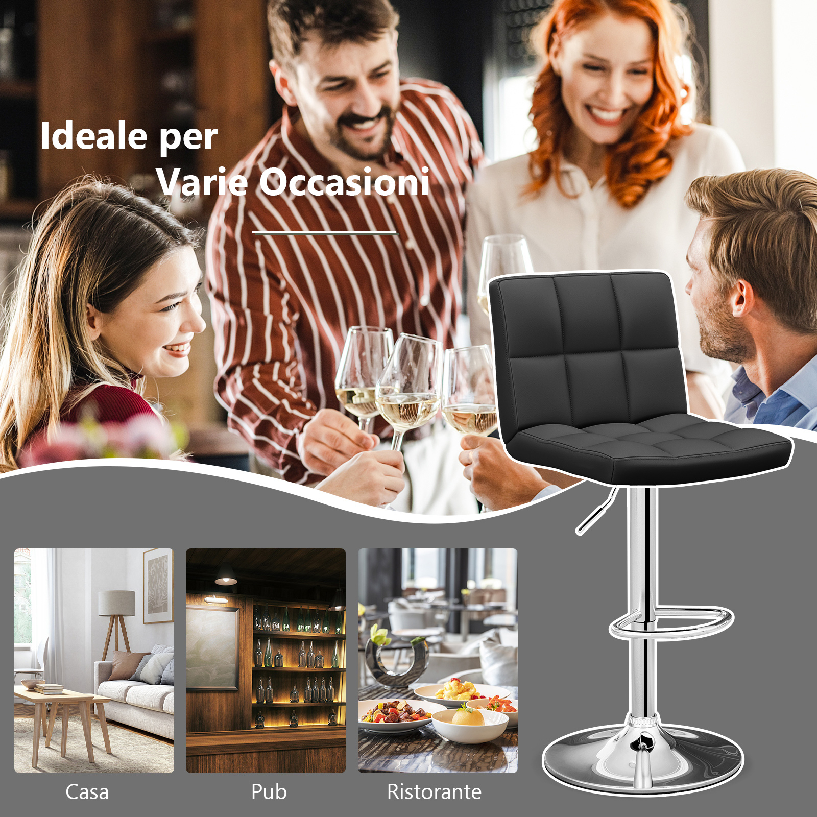 Set Sedie da Bar in Ecopelle con Altezza Regolabile, Seduta Girevole a 360°, Poggiapiedi e Base Metallica Antiscivolo, Sgabelli da Pranzo per Isola Cucina Bar, Portata 150 kg, Nero,1