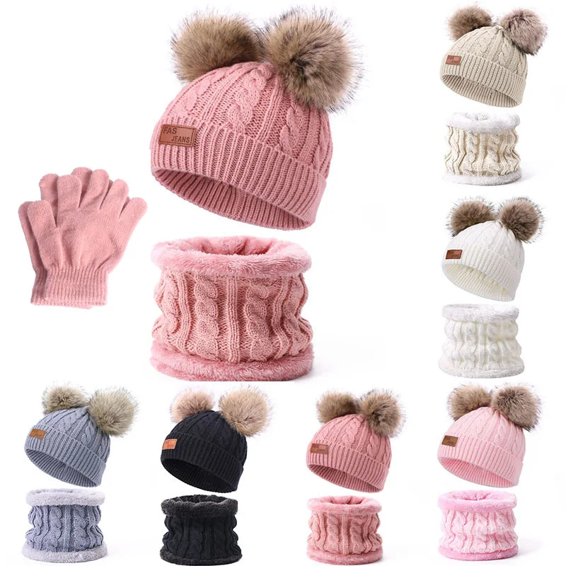 Neue Nette Doppel Wolle Pompom Baby Hut Kinder Kappe Warme Herbst Winter Hüte für Kinder Jungen Mädchen Gestrickte Wärmer Beanie Caps motorhaube