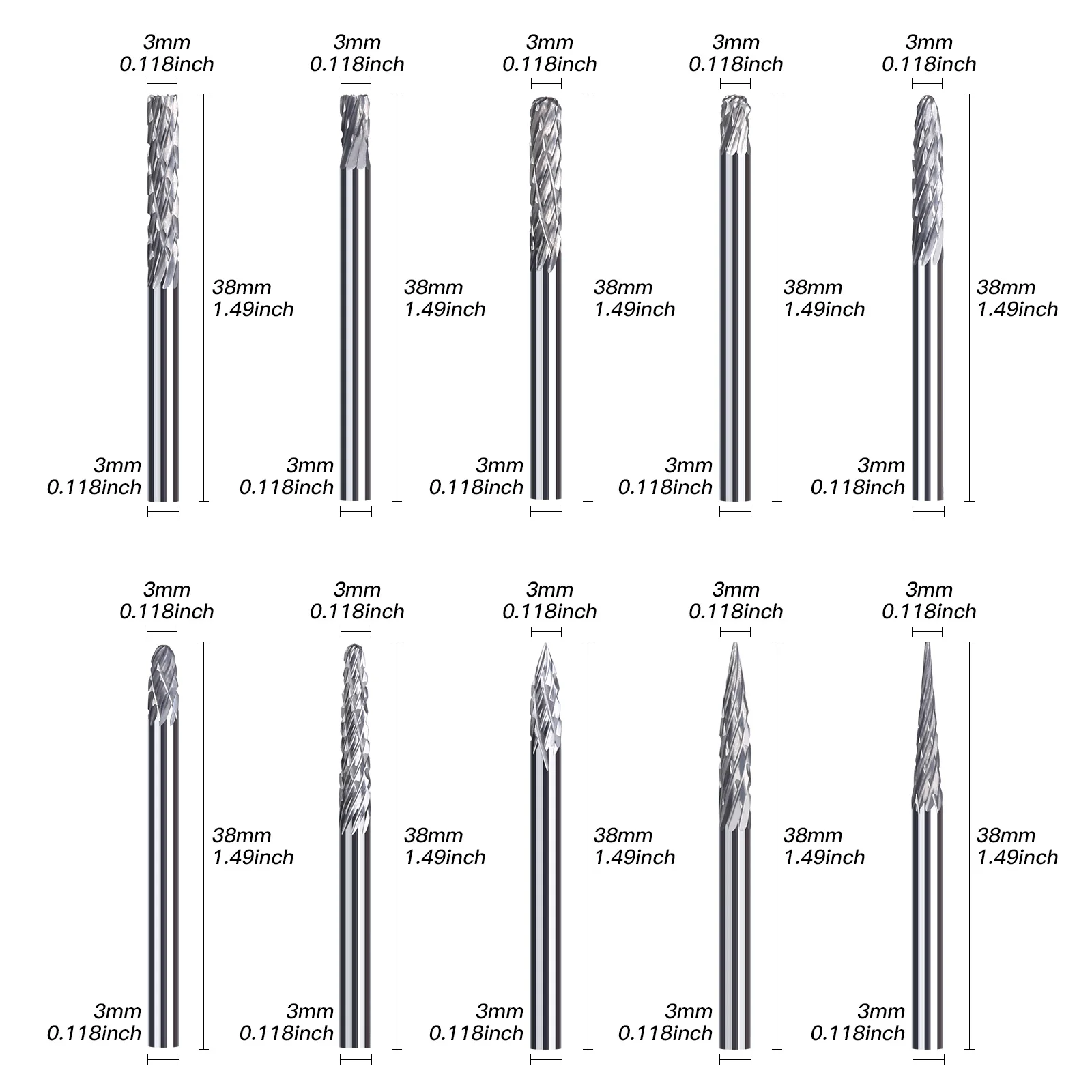 LIDIAO Set di frese rotanti in metallo duro con gambo da 3 mm Set di lime rotanti Punta per intaglio a doppio taglio per utensile per lucidatura di metalli in legno e acciaio