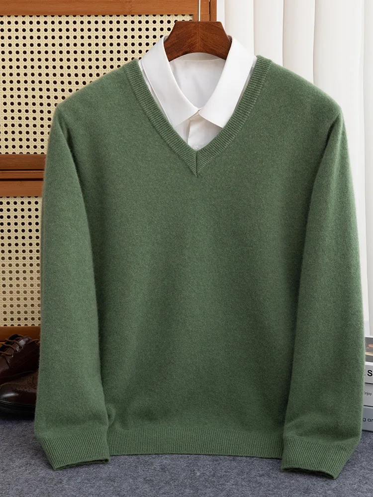 ผู้ชาย 100% Merino ขนสัตว์เสื้อกันหนาว V คอฤดูใบไม้ร่วงฤดูหนาวแคชเมียร์อบอุ่นเสื้อถักเสื้อผ้าธุรกิจ Bottoming Soft Tops