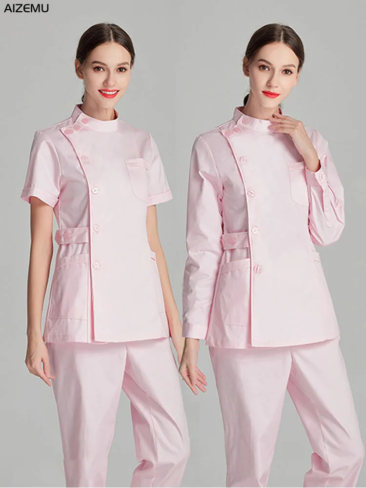 Conjunto de uniformes blancos para enfermera, bata de laboratorio, uniforme médico para mujer, ropa médica rosa de manga larga para salón de belleza