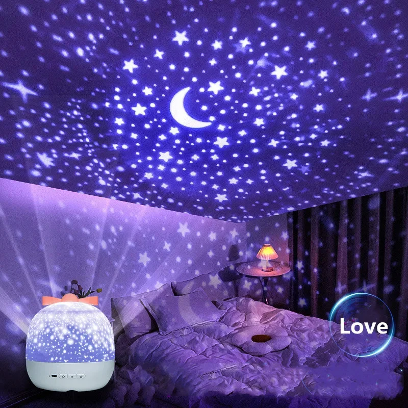 Coroa estrela luz projeção rotativa estrela quarto teto atmosfera noite lâmpada estrelas presente de aniversário das crianças com folhas de filmes
