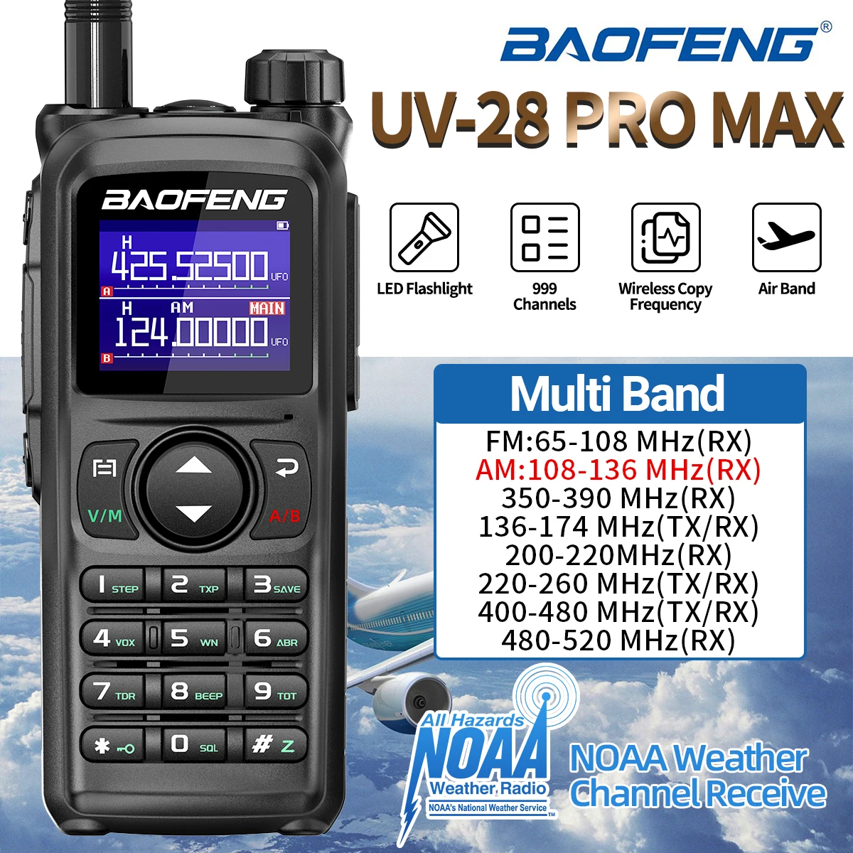 BAOFENG UV-28 PRO MAX UHF Walkie Talkie 10W Multi-Band 999CH Drahtlose Kopierfrequenz Long Range Typ-C AM FM NOAA Two WayRadio