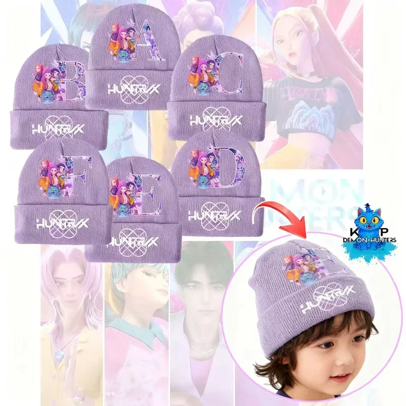 2 Stück Kpop Demon Hunters Strickmütze und Handschuhe Set Cartoon Anime Buchstaben A-Z Bedruckt Winter Accessoires Jungen Mädchen Niedliche Mützen