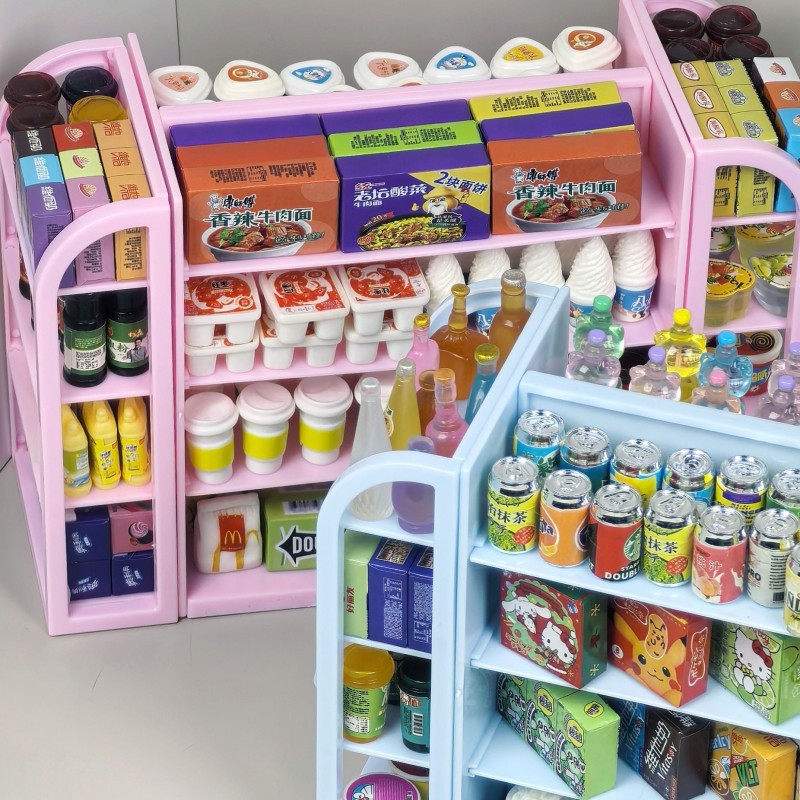 Mini simulation supermarket four shelves doll house decoration snack drinks food play children play house toy model