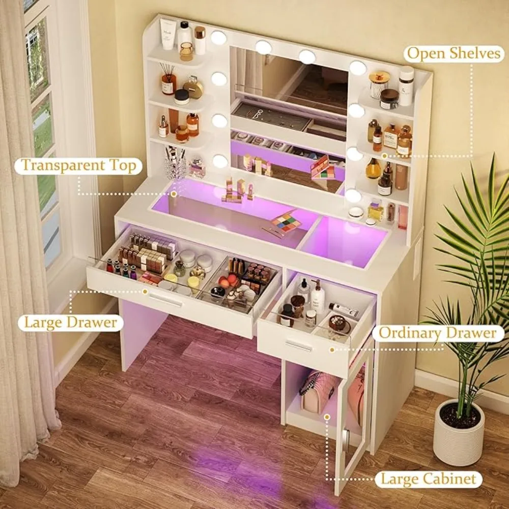 Vanity Desk with Mirror and Lights Makeup Vanity Desk with Lights 3 Colors Transparent Top Vanity with 2 RGB Drawers