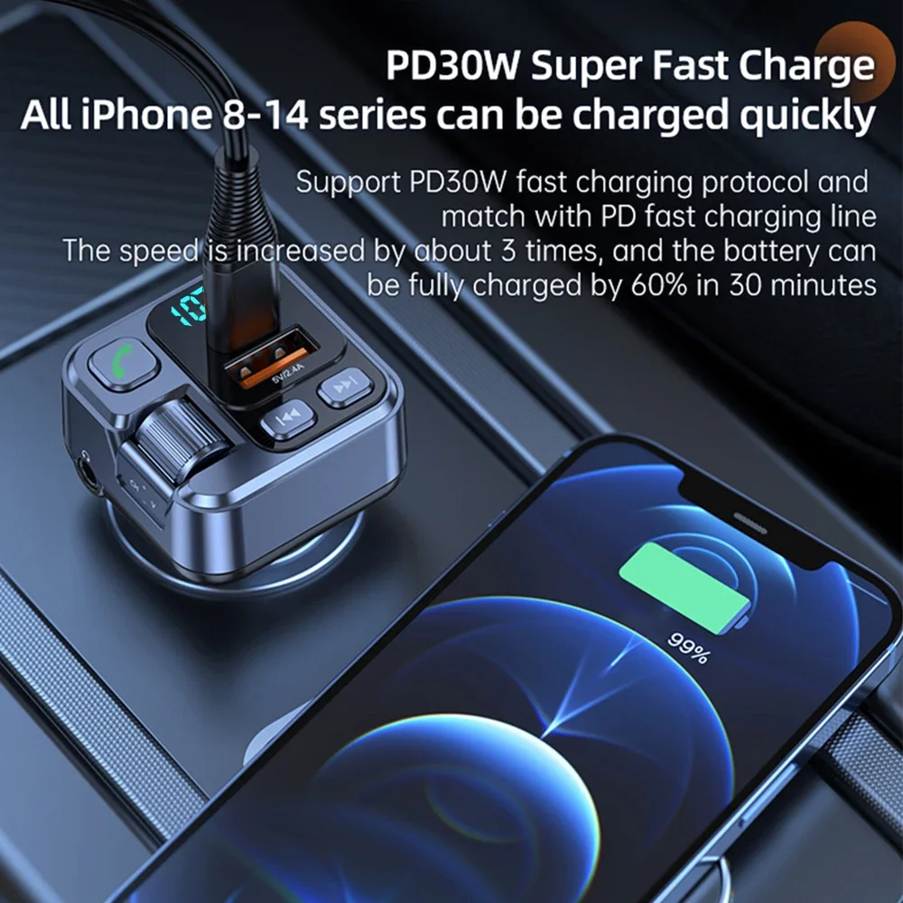 Car Bluetooth FM Transmitter Car Kit Usb U Disk Read Pd20W Fast Charging Digital Car Phone Adapter Support AUX audio input