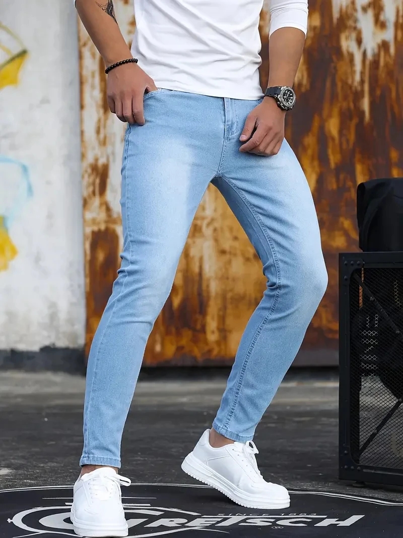 Pantalones de hombre, pantalones vaqueros elásticos con cremallera, pantalones clásicos informales ajustados, pantalones pitillo de mezclilla de talla grande para hombre, pantalones vaqueros ajustados para hombre