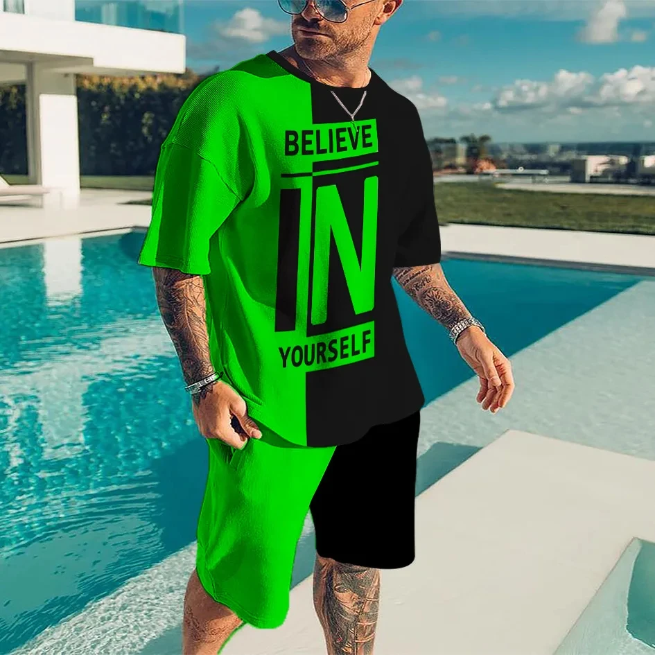 新しい夏のメンズトラックスーツ自分自身を信じて Tシャツショーツセットスポーツ衣装ジョギングスーツ特大服アウトドアストリート