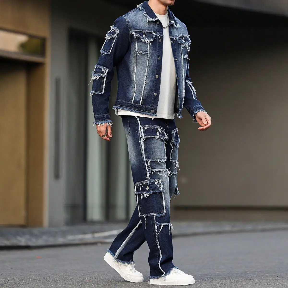 Terno jeans masculino primavera e outono, design com vários bolsos, estilo calças largas e retas