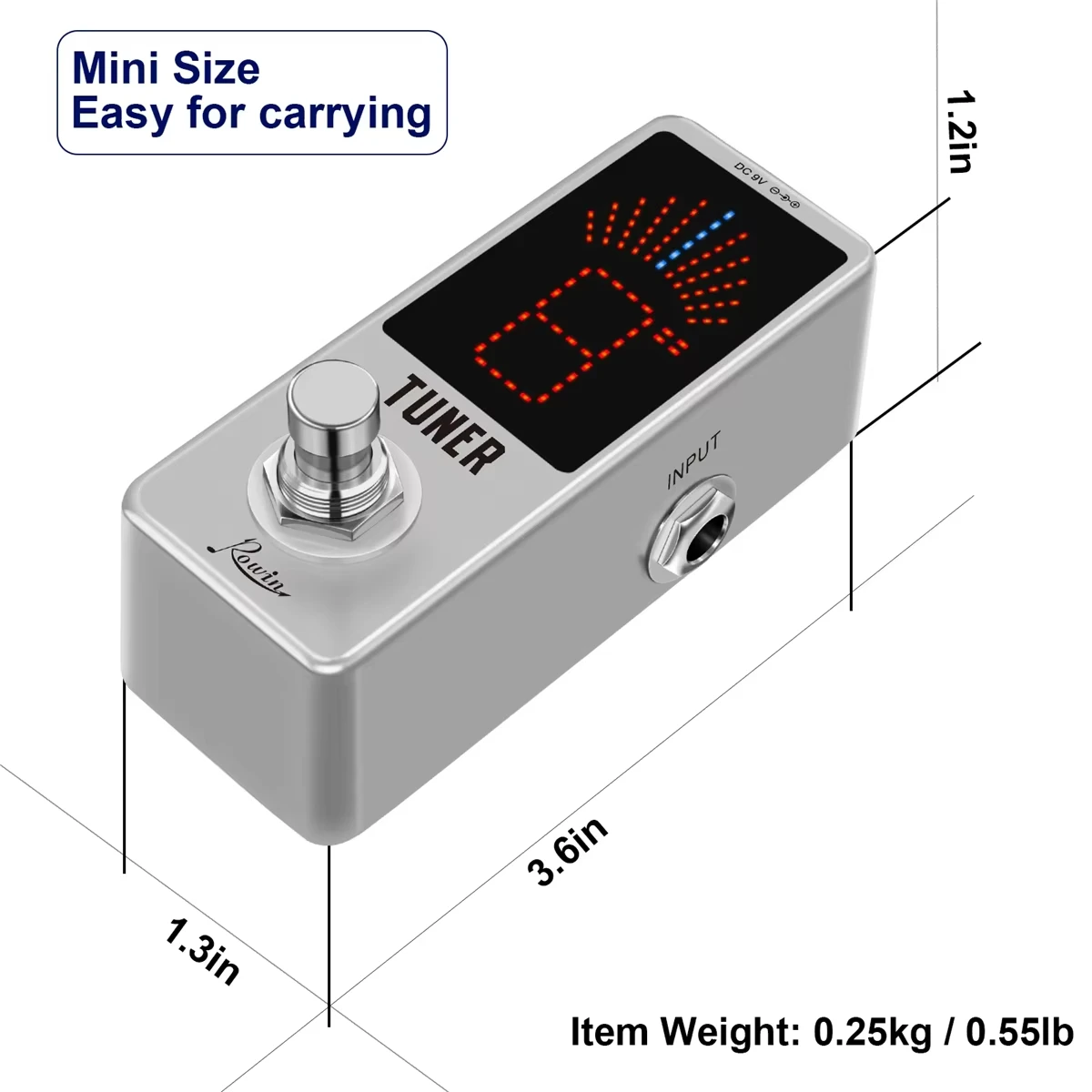 Rowin LT-910 Guitar Tuner Pedal | Ultra-Precise Strobe Mode, LED Display, True Bypass, Compact Metal Design for Guitar/Bass (9V)