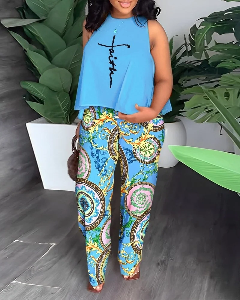 Cutuly Set 2 potong pakaian wanita musim panas, Tank top tanpa lengan motif, pakaian klub 2023 kaki lebar, liburan modis