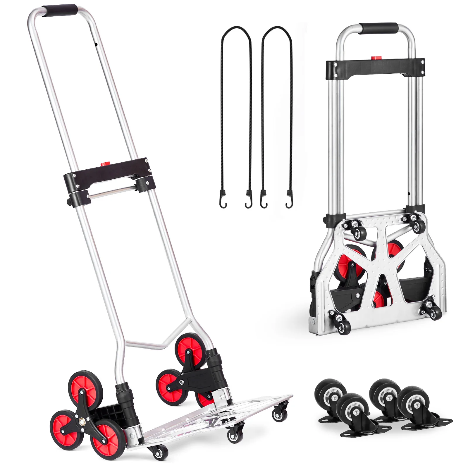 SucceBuy 260lbs Folding Hand Truck with Telescoping Handle & 2 Elastic Ropes Stair Climbing Cart Dolly for Warehouse Moving