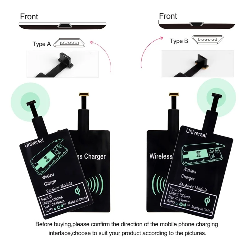 Drahtloser Ladegerät-Empfänger, unterstützt Typ C/Micro-USB/8-polig, schneller kabelloser Ladeadapter für iPhone 7, 6, 5, Android Wireless Charge