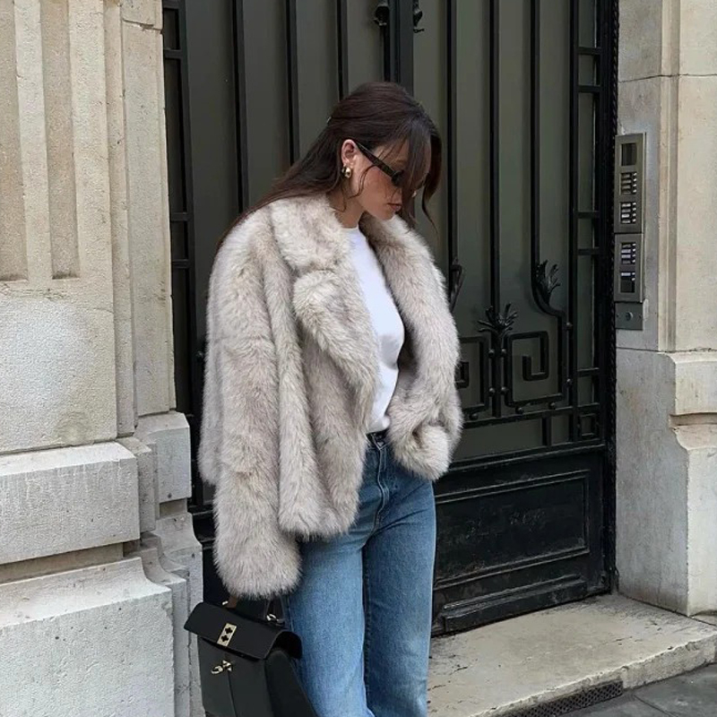 Autumn Winter Faux Fur Coat  Suit Collar Thickened Warm Fluffy CoatShort Street Style Fox Fur Jacket Peludo Chaqueta Mujer