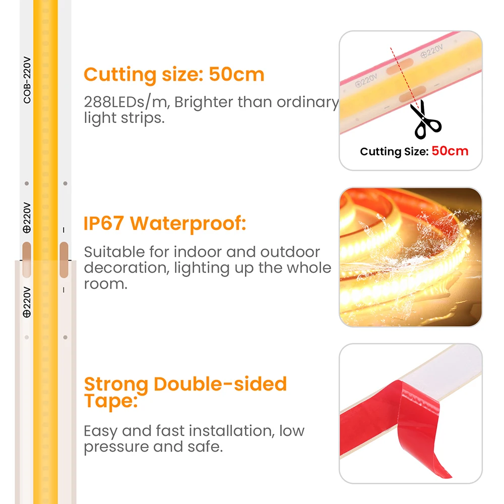 COB LED Strip Light Dimmer Switch EU UK Power Kit 220V 230V 3000K 4000K 6000K 288LED Bright Flex Tape Waterproof Linear Lighting