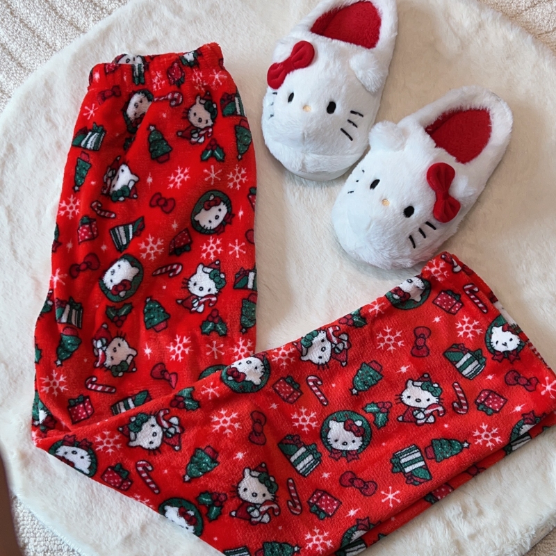 Pijama Kawaii Sanrio Hellokitty de dibujos animados Y2K para mujer, pantalones cálidos y esponjosos para abuela, ropa holgada para el hogar a la moda para Otoño/Invierno