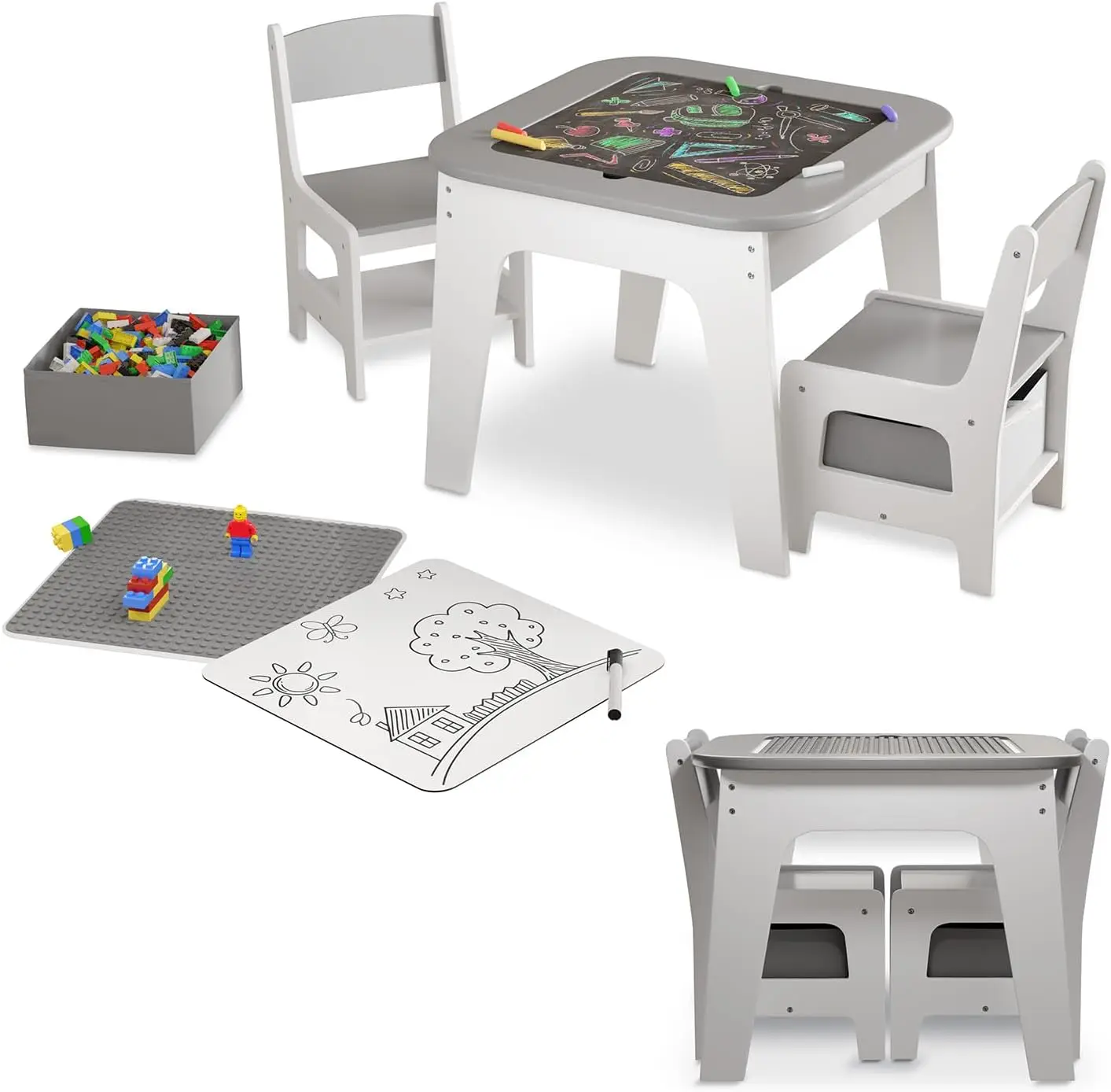 Kindersitzgruppe Milou – Set mit 2 Stühlen und 1 Tisch – Kindertisch Holz – Spieltisch mit Stauraum – Sitzgruppe für Kinder, Malti
