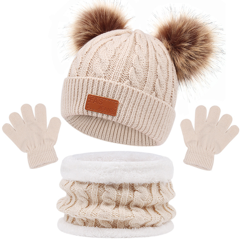 Winter Children's Scarf Hat Three-Piece Set with Pom-Pom Baby Infant Knitted Hat Warm Wool Thickened