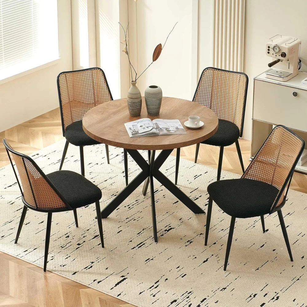 Round Dining Table with Rattan Chairs for 4,Modern Dinette Set with Table and 4 Upholstered Dining Chairs,Classic Kitchen Table