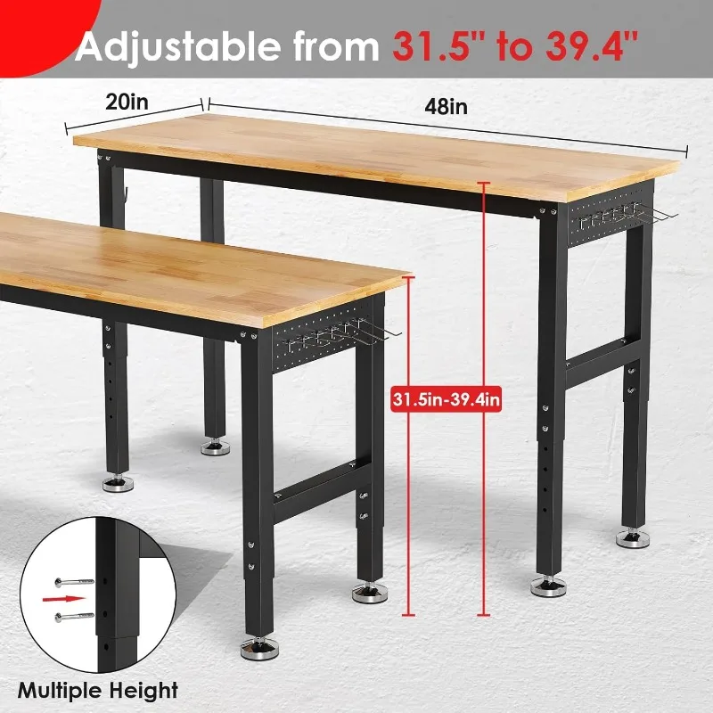 TLGREEN 48" Adjustable Work Bench with Power Outlet, Rubber Wood Top Work Table, Heavy Duty Work Bench, 2000 LBS Capacity, Workb