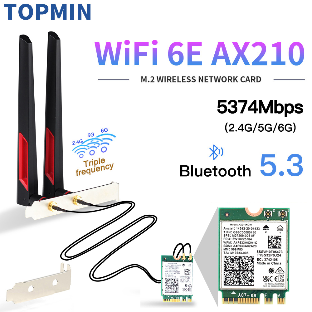 Wifi 6E M.2 AX210 5374Mbps Wifi Wireless Karte Bluetooth 5,3 802,11 ac/ax Tri Band AX210NGW mit 10dbi Antennen für Win 10/11