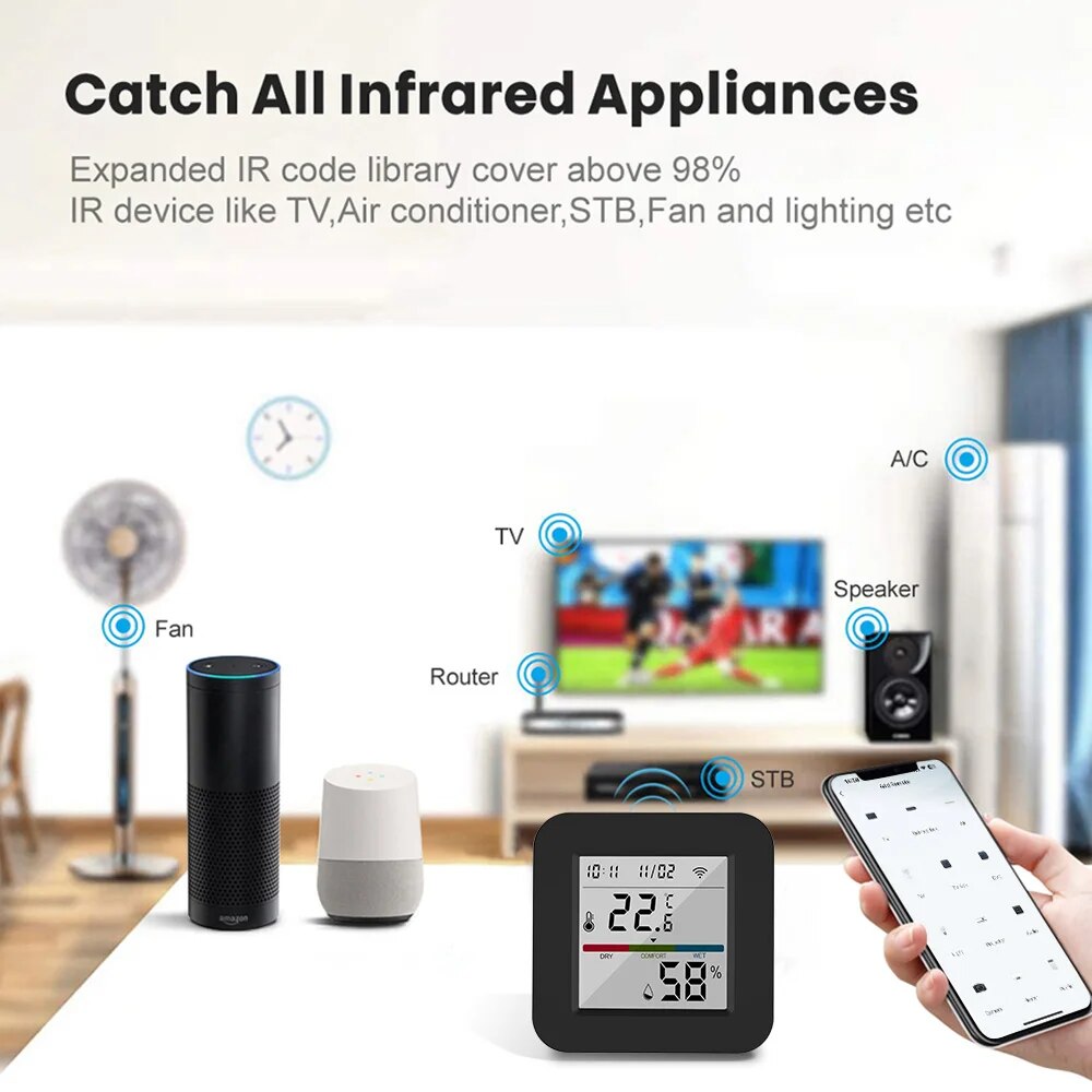 ONENUO Tuya Smart Universial IR Remote Control with Temperature Humidity Sensor for TV /Air Conditioner Work with Alexa Google
