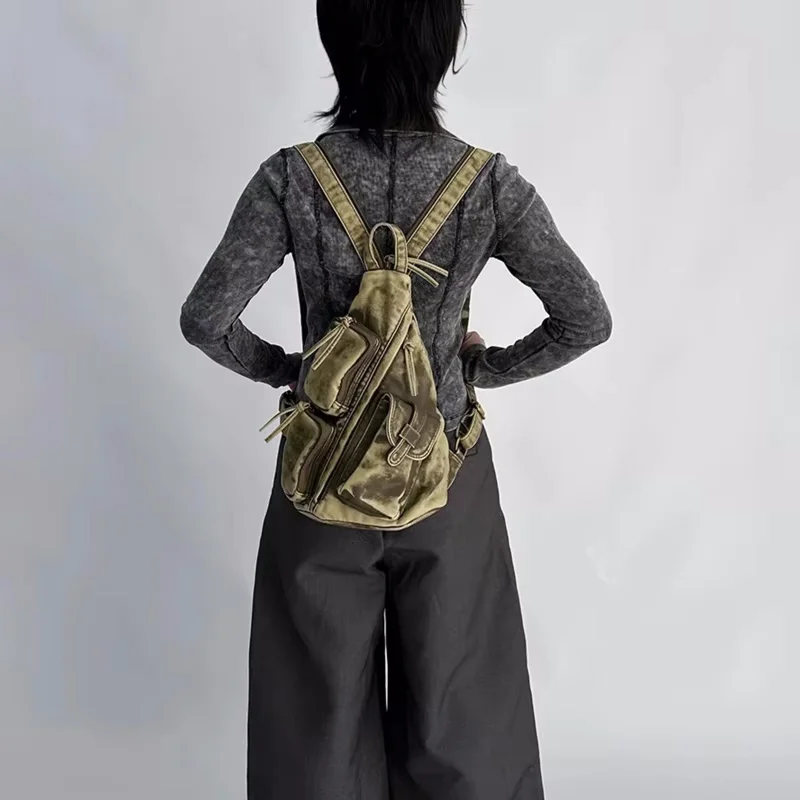 Zaini firmati Annmouler per donna Borsa a tracolla con tracolla in pelle lavata morbida Borsa piccola stile punk multitasche vintage