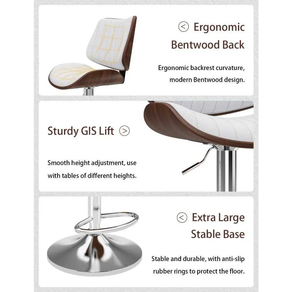 Swivel Bar Stools Set of 4, Adjustable Bentwood Barstools, Modern PU Leather Upholstered Bar Chair with Back and Footrest