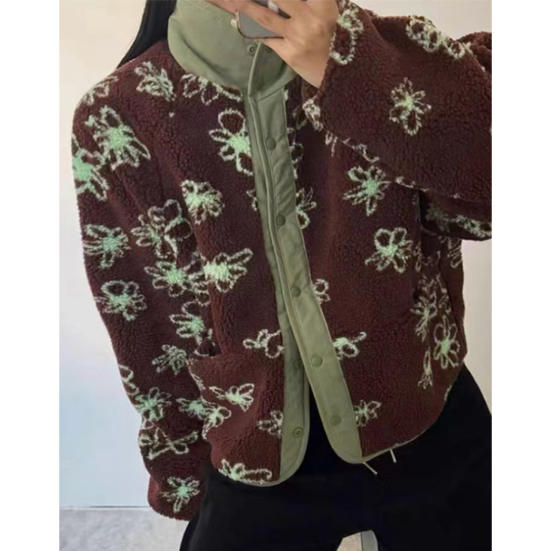 Chic Autumn Winter Vintage Reversible Stand Collar Long Sleeve Lamb Velvet Cotton Jacket Floral Embroidery Versatile Outerwear