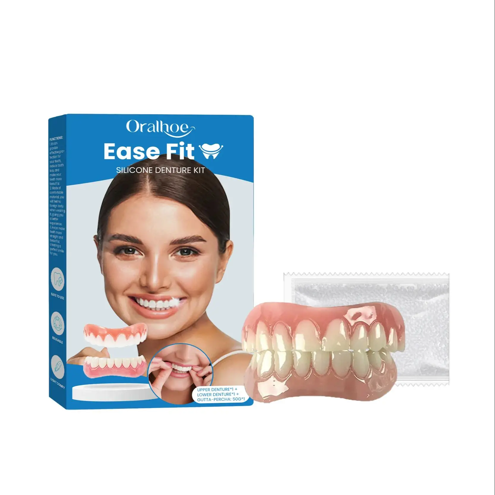 Juego completo de dentaduras postizas de silicona para prevenir la caída de las encías, reparación temporal, chapa de dientes postizos rotos, Kit de restauración de dientes sonrientes