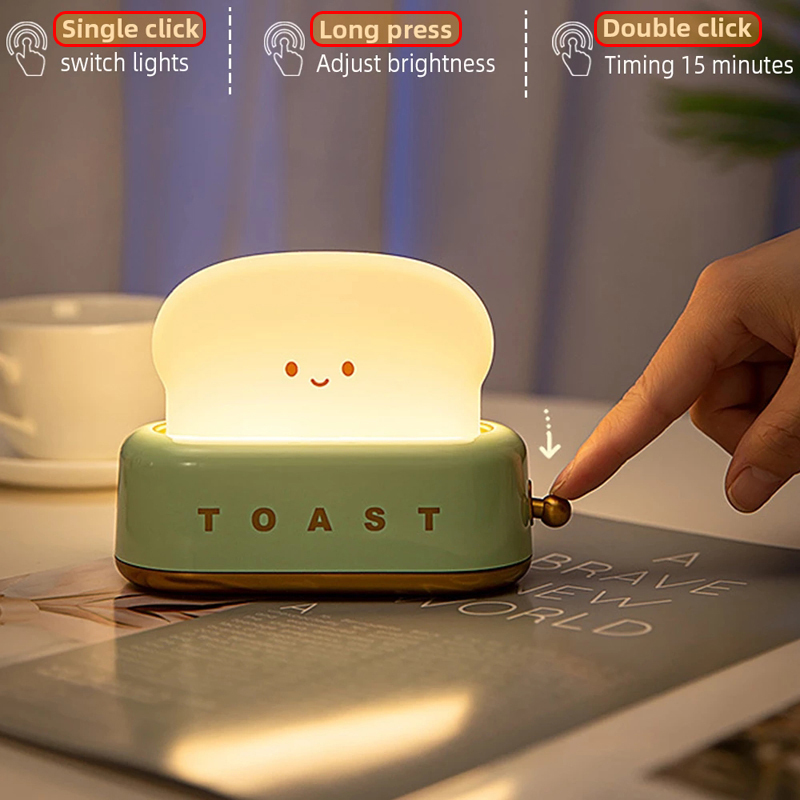 Rechargeable Cute Toaster Night Light - Toast Shape Bedside Lamp with Smile Face,Dimmable Desk Decor,Bedroom,Living Room,Gift