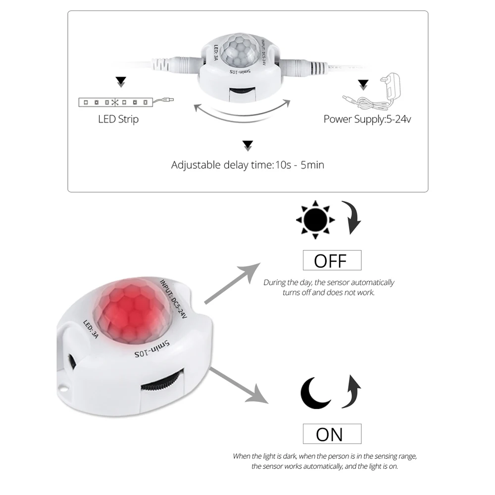 Set di strisce luminose a LED con sensore di movimento PIR intelligente DC12V Tempo di ritardo impermeabile regolabile Fai da te tagliabile per le scale del corridoio della camera da letto di casa
