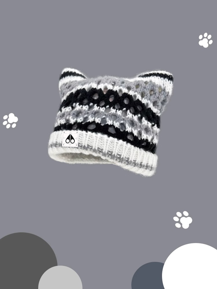 Moose Kingship レディース ニット帽 猫耳デザイン 中空暖かさ 秋と冬シーズン用 カラフルなストライプ ドポミンスタイル