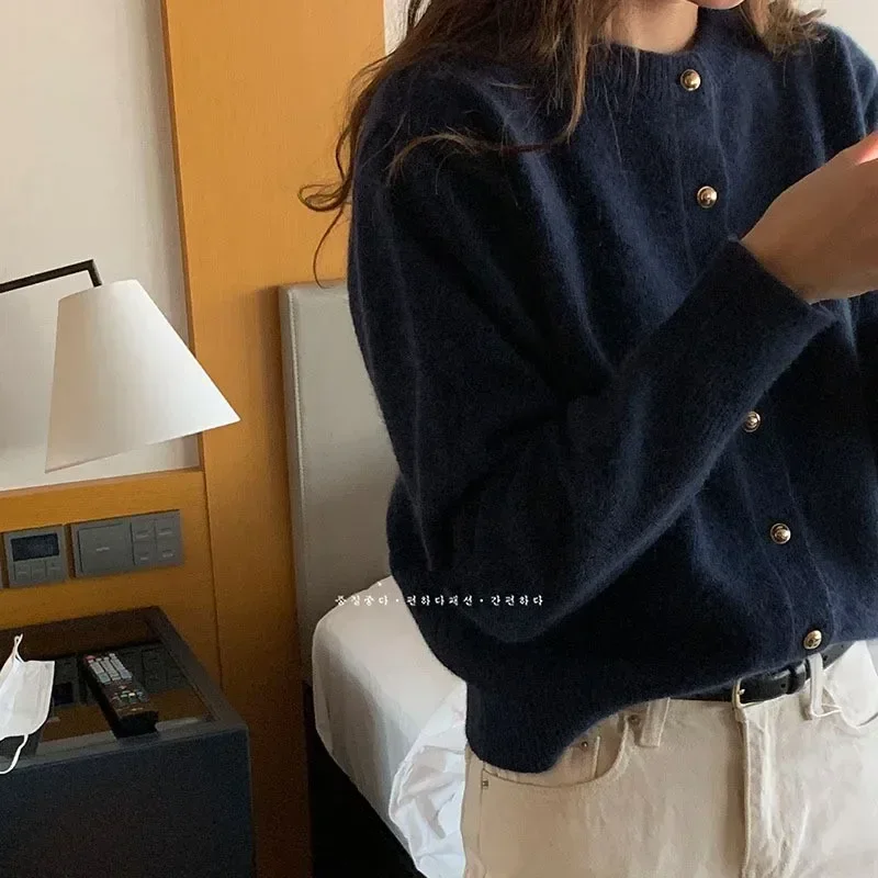 Cárdigan de punto para mujer, suéter coreano holgado de Color sólido con cuello redondo, abrigo, primavera 2023